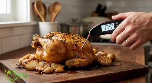 Checking internal temperature in the thigh of a whole roasted chicken