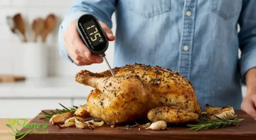 Checking internal temperature in the thigh of a whole roasted chicken
