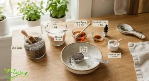 Ingredients for chia seed breakfast bowl laid out on a counter