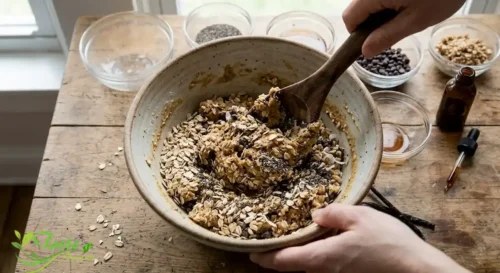 Mixing oats and chia seeds into energy bite doug