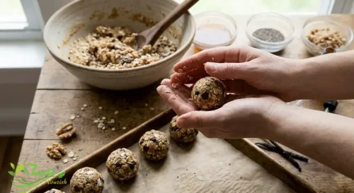 Rolling healthy chia protein bites by hand