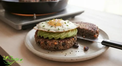Chia seed veggie burger breakfast plate with avocado and egg