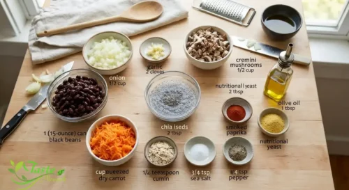 Ingredients flatlay for chia seed veggie burger recipe