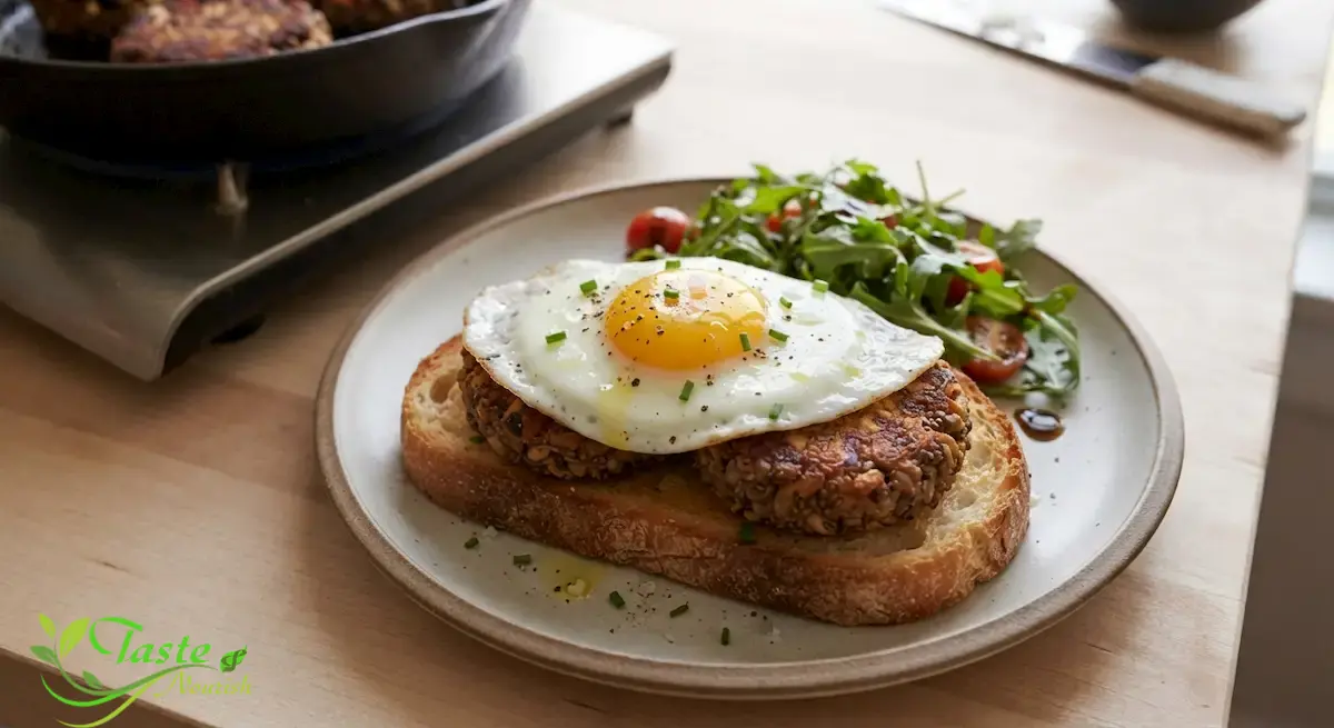 Chia Seed Veggie Burger Recipe: High-Protein Vegan Breakfast Chia seed veggie burger recipe patty on toast with a fried egg