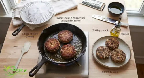 Chia seed veggie burger patties searing golden in a skillet