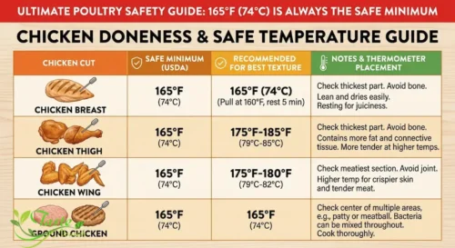 Chicken Internal Temperature: Chicken doneness temp chart showing safe temperatures for breast, thigh, wing, and ground chicken