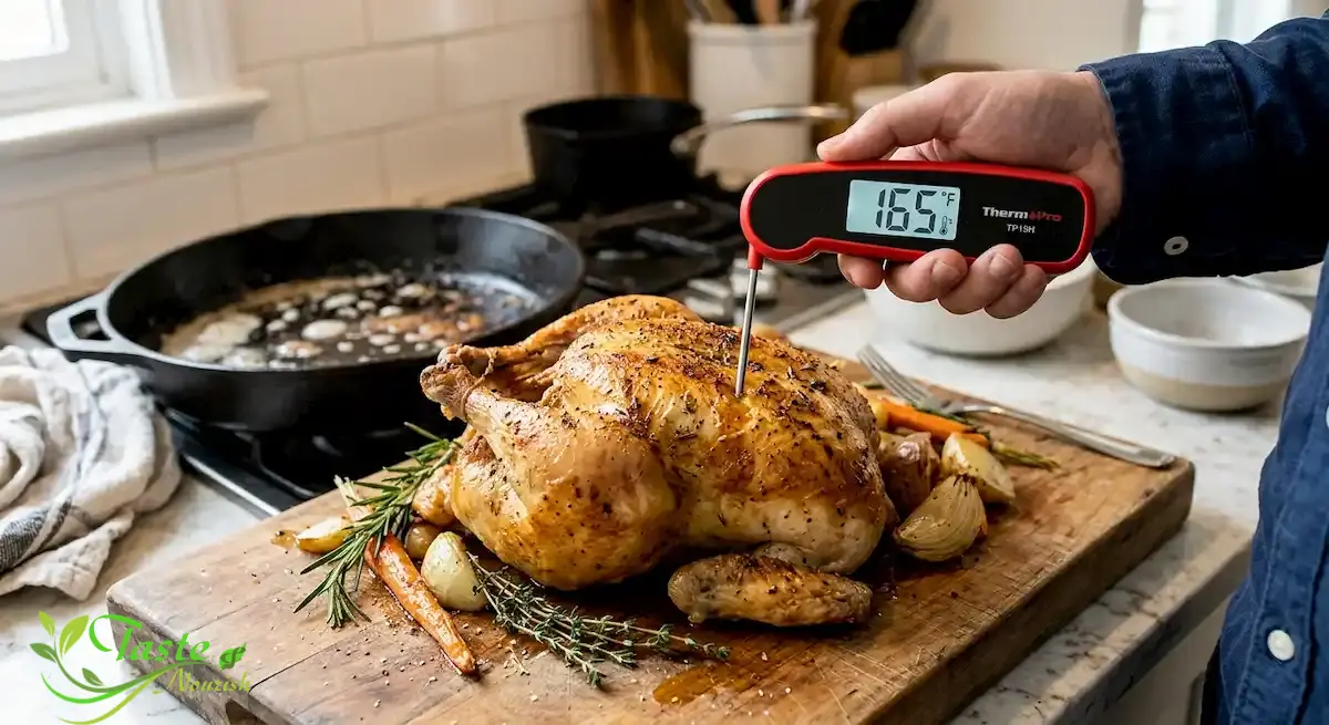 Chicken Internal Temperature: Safe Cooking Guide & Chart Digital meat thermometer inserted into a chicken breast to check internal temperature