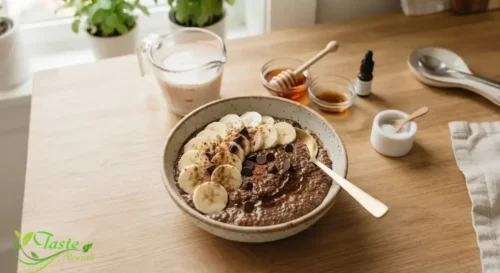 Chocolate chia pudding breakfast bowl with banana slices