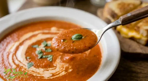 Close-up spoonful of silky creamy tomato soup showing smooth texture