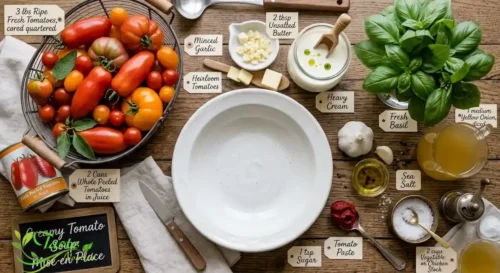 Flat lay of ingredients for creamy homemade tomato soup including tomatoes, cream, and basil