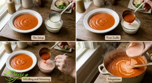 Tempering heavy cream into hot tomato soup to prevent curdling