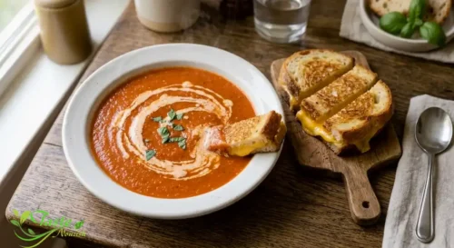 Bowl of creamy tomato soup served with a grilled cheese sandwich for dipping