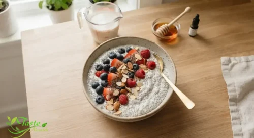 Easy chia seed breakfast bowl topped with berries and almonds
