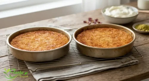 Baked golden kunafa crust cooling before assembly
