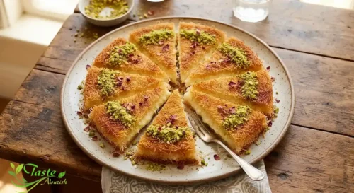 Kunafa with cream recipe sliced into wedges and garnished with pistachios
