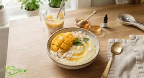 Overnight mango coconut chia seed breakfast bowl