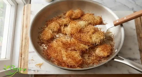 kataifi pastry toasting golden brown in butter for chocolate kunafa recipe