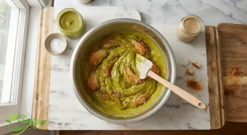 pistachio tahini cream folded with crispy kataifi
