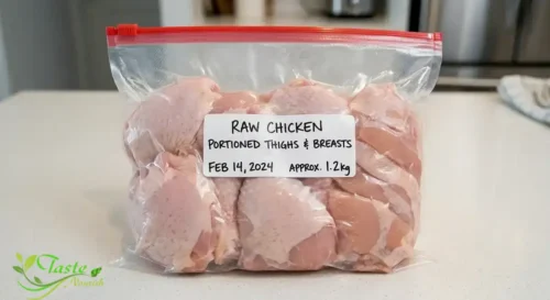 Portioned raw chicken in a labeled freezer bag with air pressed out