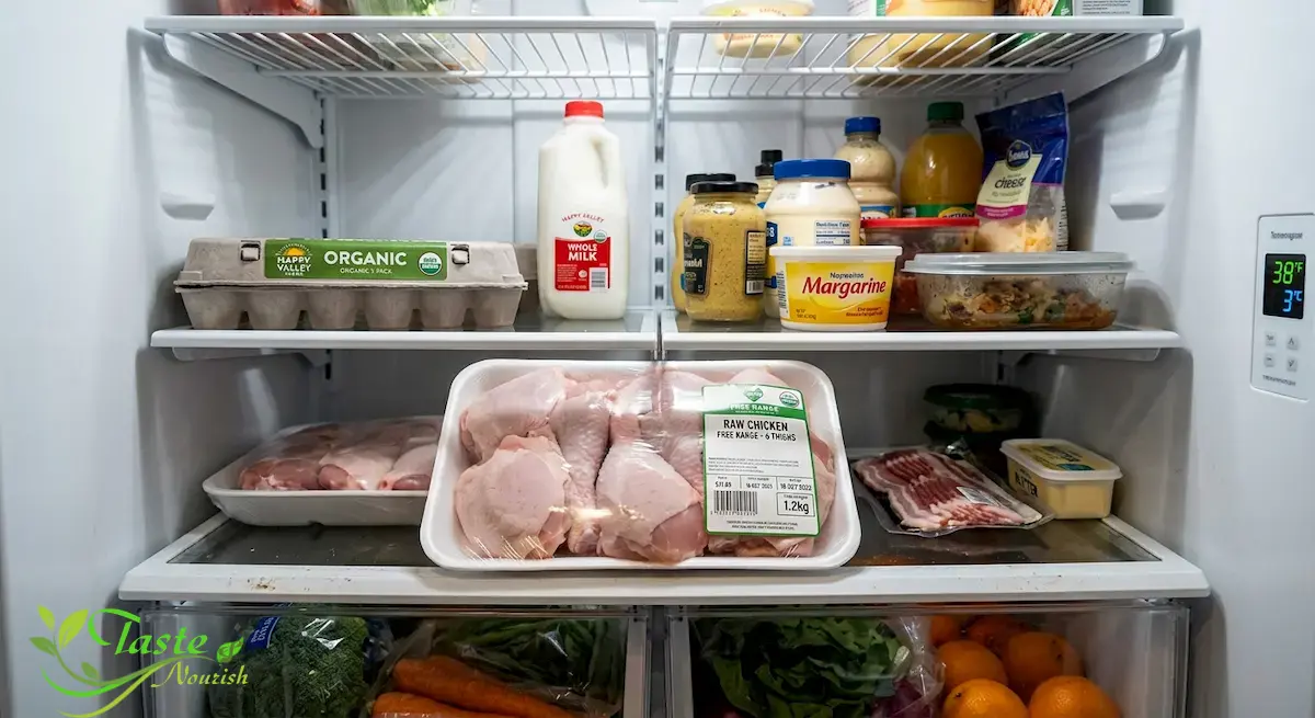 How to Store Raw Chicken: Fridge & Freezer Safety Guide Raw chicken packaged in a tray on the bottom shelf of a refrigerator