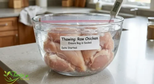 How to Store Raw Chicken: Sealed bag of raw chicken thawing in a bowl of cold water