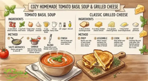 Tomato basil soup recipe served with grilled cheese