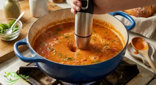 Blending tomato basil soup until smooth with an immersion blender