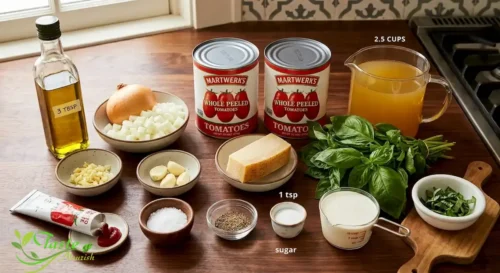 Ingredients for tomato basil soup recipe laid out on a counter