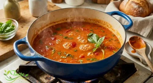 Tomato basil soup simmering in a Dutch oven