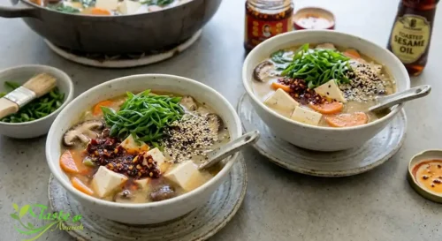 Ladle into bowls and top with the dark green scallion slices, sesame seeds, and chili crisp