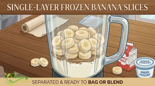 Blender jar with milk and yogurt at the bottom and frozen banana coins on top