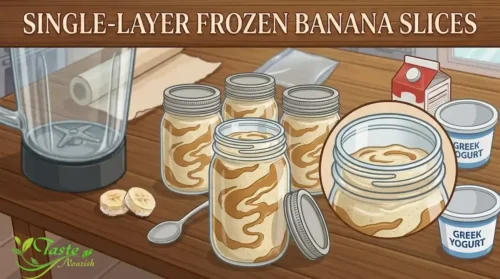 Jar of banana smoothie with headspace left at the top for freezing