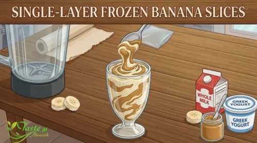 Banana smoothie with peanut butter swirled into a glass