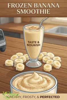 Vertical image of a banana smoothie in a glass with sliced frozen bananas