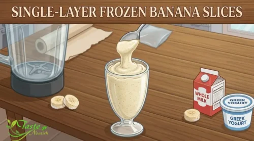 Spoon resting in a thick banana smoothie to show the right consistency