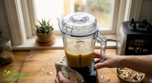 Part of the soup in a blender with the lid vented for steam