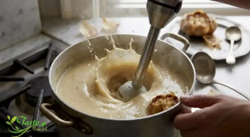 Smooth roasted garlic soup being blended in a pot