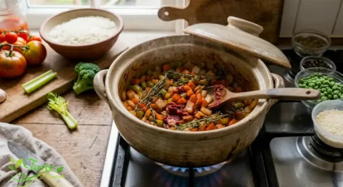 Tomato paste and thyme cooking with aromatics in a soup pot