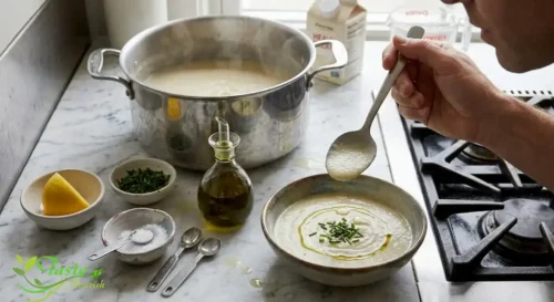 Spoon lifting velvety roasted garlic soup from the bowl