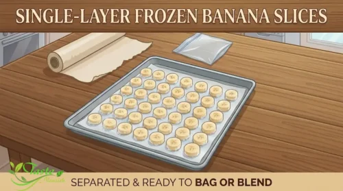 Sliced ripe bananas frozen in a single layer on a parchment-lined tray