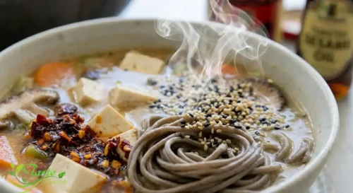 Close-up of steam rising from ginger miso soup with sesame seeds