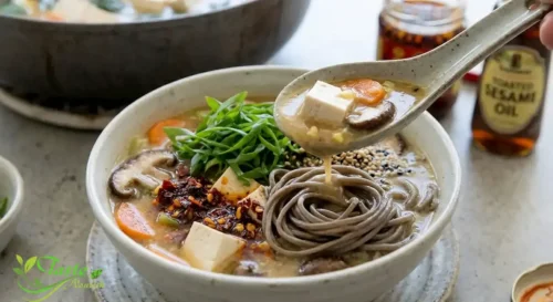 Ginger miso soup ladled over soba noodles in a bowl