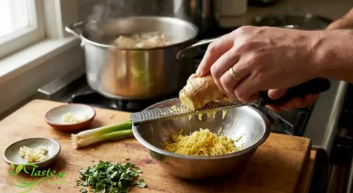 Fresh ginger being grated for ginger chicken soup