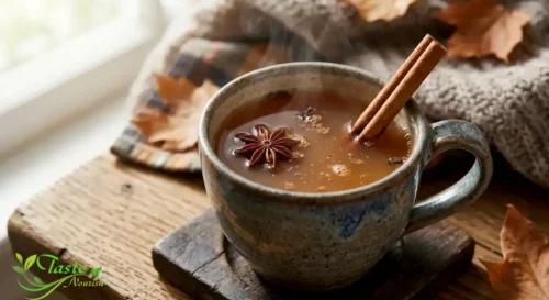 Mug of hot spiced apple cider with a cinnamon stick and star anise