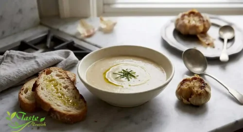 Roasted garlic soup served with sliced crusty bread