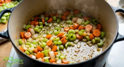 Diced onion, carrot, and celery softening in a soup pot
