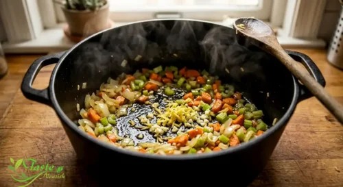 Onion, carrots, celery, garlic, and ginger cooking in a Dutch oven