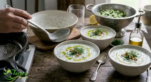 Chilled bowls of cucumber yogurt soup garnished with olive oil and dill