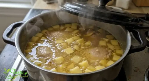 Chicken thighs and diced potato simmering in broth