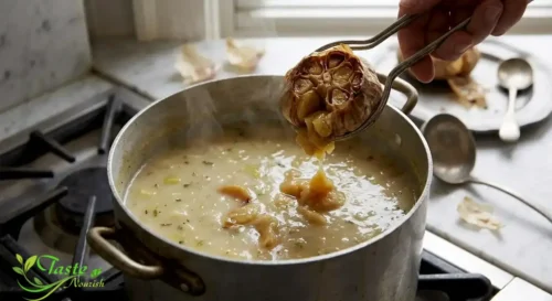Roasted garlic cloves squeezed into a pot of simmering soup